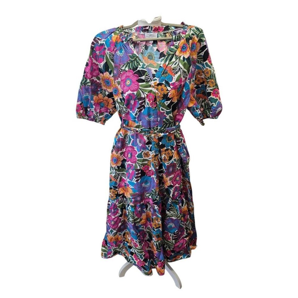 Sugar Lips XL Multicolor Floral V-Neck 3/4 Sleeve Belted A-Line Midi Dress